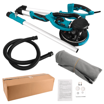 Electric drywall sander with dust extraction system – front view showing wall sander body, sanding head, and built-in dust collection port for clean sanding.