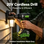 Close-up of 20V brushless drill with ergonomic pistol grip