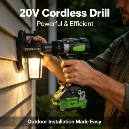 Close-up of 20V brushless drill with ergonomic pistol grip