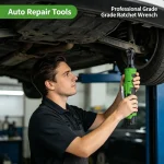Technician using 90-degree angle wrench in car engine bay, easily reaching tight bolts