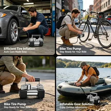 Dual-cylinder inflator pumping car tire, digital screen showing real-time pressure