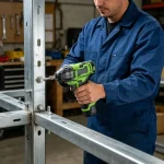 Worker using 16.8V brushless impact driver to drive wood screw