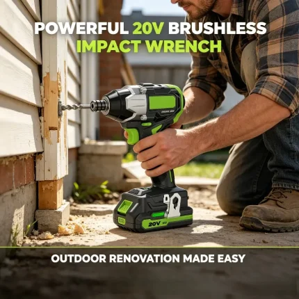 20V brushless impact wrench used for outdoor renovation and construction installation projects