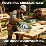 Worker using 20V lithium circular saw to cut wood panel, precise and fast