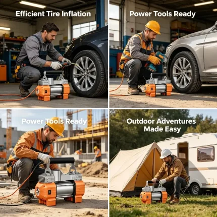 Worker using dual‑cylinder inflator to pump car tire, digital display showing pressure
