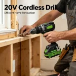 Person using 20V cordless drill to fix a window frame