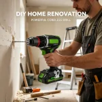 Efficient Drilling Solutions cordless drill drilling into a wooden plank – high torque, variable speed, LED light