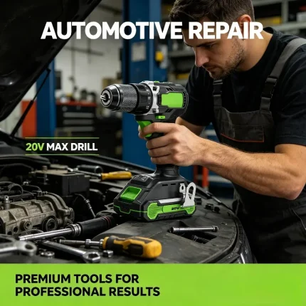 Technician using a 20V brushless impact drill for automotive repair and equipment installation