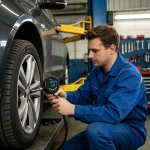 Worker using cordless inflator to pump car tire, easy operation