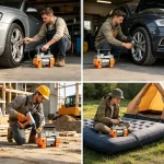 Using inflator at night, LED light illuminates tire, digital screen clearly visible