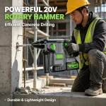 Worker using 20V cordless rotary hammer to drill hole in concrete wall with precision