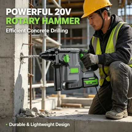 Worker using 20V cordless rotary hammer to drill hole in concrete wall with precision