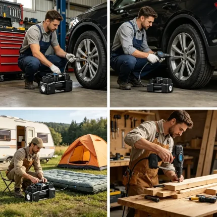 Worker using dual-cylinder inflator to pump car tire, digital display showing 2.5 BAR