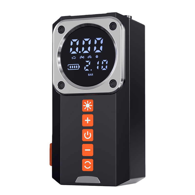 digital-tire-pressure-gauge 2-in-1 emergency jump starter and tire inflator, digital screen showing 0.00 and 210 pressure reading