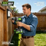 20V cordless impact drill used for outdoor fence lighting installation and wood construction projects