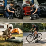 Using inflator at night, LED light illuminates tire for convenience and safety