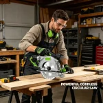 Circular saw blade and depth adjustment mechanism, 20V battery interface