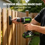 Close-up of Efficient Drilling Solutions cordless drill with 20V lithium battery pack and charger – ergonomic grip, battery level indicator