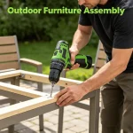 12V brushless power drill drilling wood, cordless lithium drill for woodworking and DIY projects