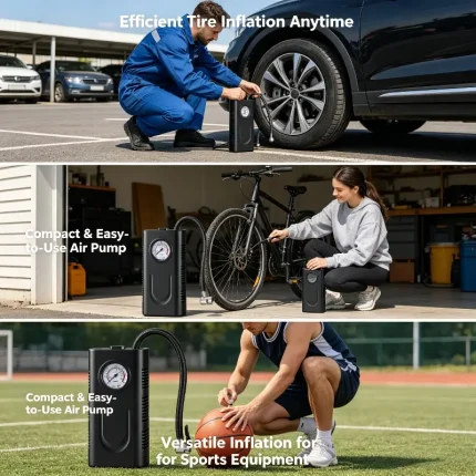 Portable air pump inflating bike tires, car tires, and sports balls, essential for road trips and games