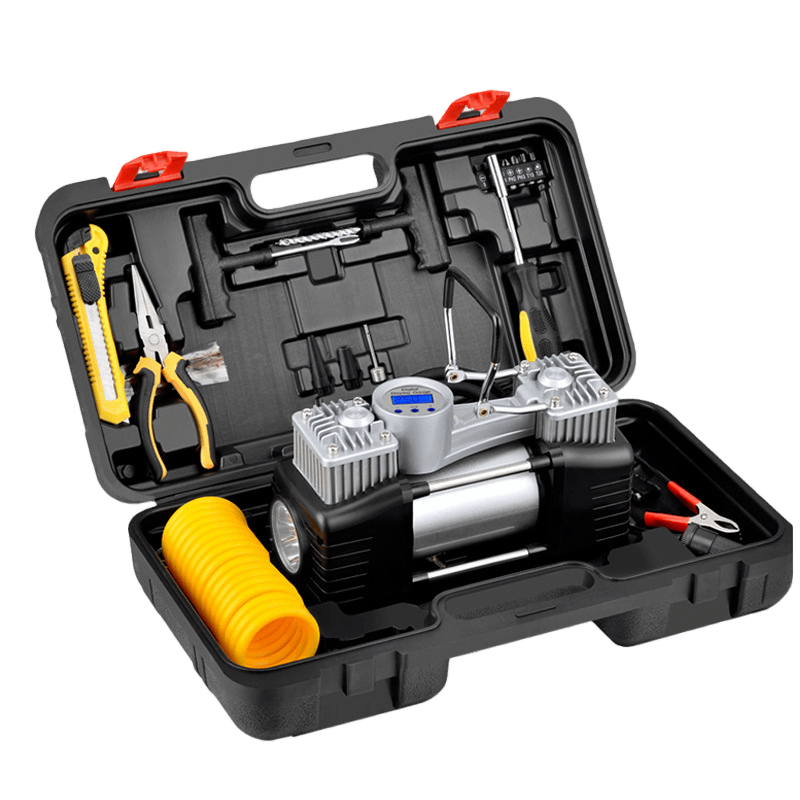 multi-purpose-tire-inflator-cutting-tool Portable twin‑cylinder tire inflator, efficient tire inflation, versatile tool set for construction and DIY projects