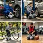 Using dual-cylinder inflator to pump bike tire, compatible with Presta/Schrader valves