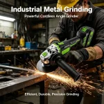 Cordless angle grinder cutting metal pipe, fast and precise