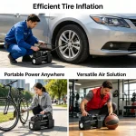 Inflator accessories: air hose, power cord, nozzles, fuse, and carrying bag
