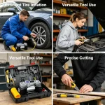 Inflator full accessories: long power cord, air hose, nozzles, cutter, and carrying bag