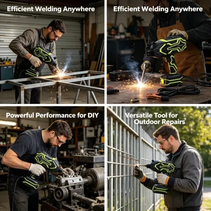 Worker using portable welder outdoors for metal structure welding
