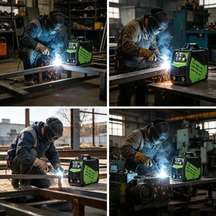 Worker using MMA-200 welder for steel structure welding on construction site