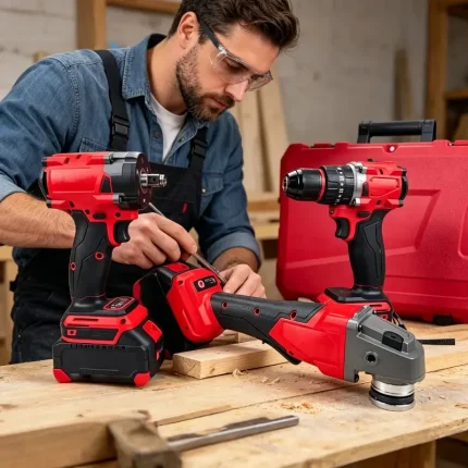 Worker using lithium-ion angle grinder to cut metal pipe, sparks flying