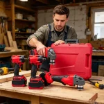 Worker using lithium-ion impact wrench to quickly tighten high-strength bolts
