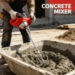 Worker using handheld cement mixer to stir mortar on site
