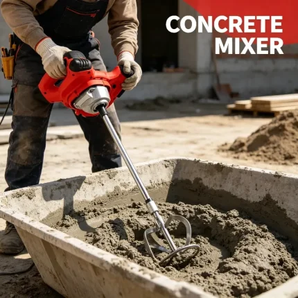 Worker using handheld cement mixer to stir mortar on site