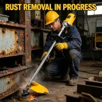Before and after rust removal, metal surface restored to clean condition