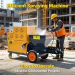Close‑up of mortar sprayer gun, even material output, smooth surface