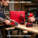 Worker cutting metal pipe with brushless angle grinder, sparks flying