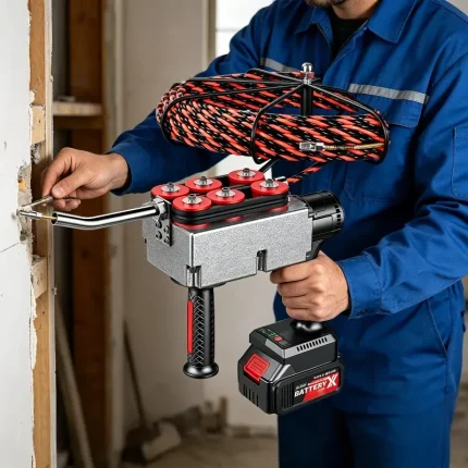 Worker using powerful battery cable puller for wire pulling on construction site